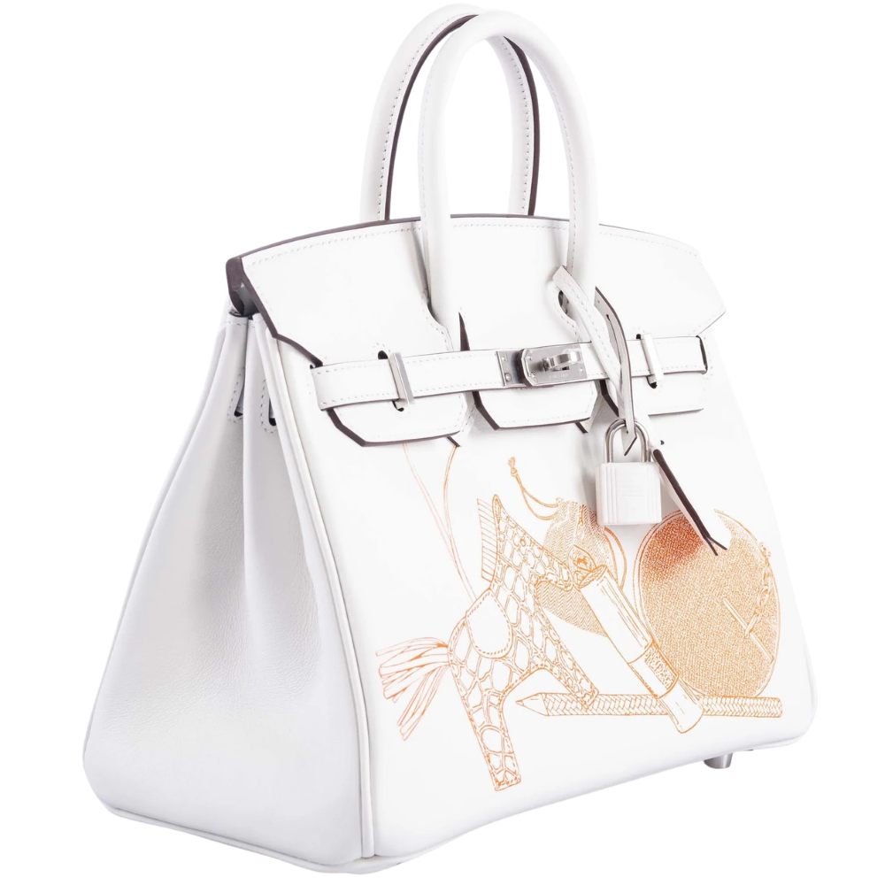 Hermes Birkin 25 In and Out Blanc Swift right side profile, featuring the classic sangles and palladium turn-lock closure details.