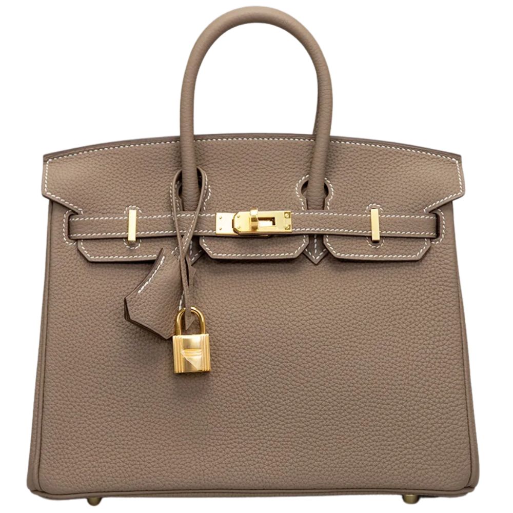 Hermès Birkin 25 in Etoupe Togo leather with gold hardware, front view