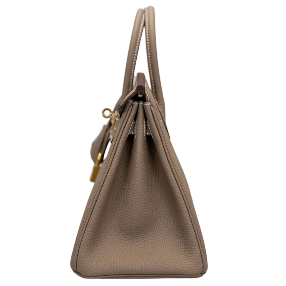 Hermès Birkin 25 Etoupe Togo leather gold hardware, left side profile view showing leather grain
