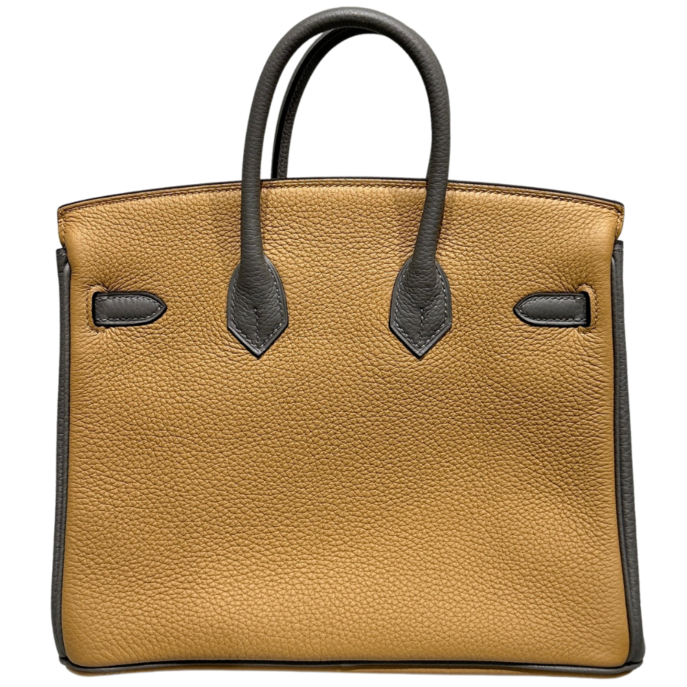 Hermès Birkin 25 HSS Biscuit Etain Togo leather, back view showing straps and clasp