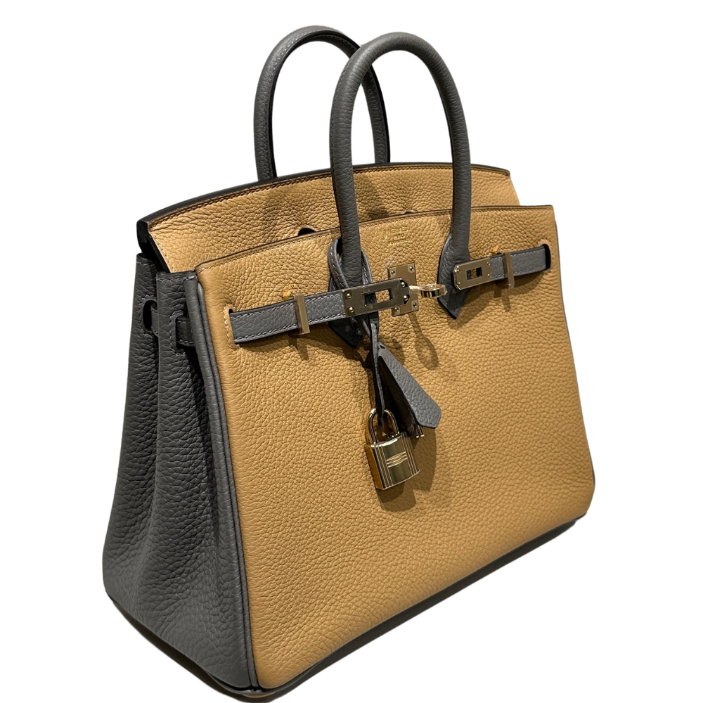 Hermès Birkin 25 HSS Biscuit Etain Togo leather, right side profile view showing two-tone contrast