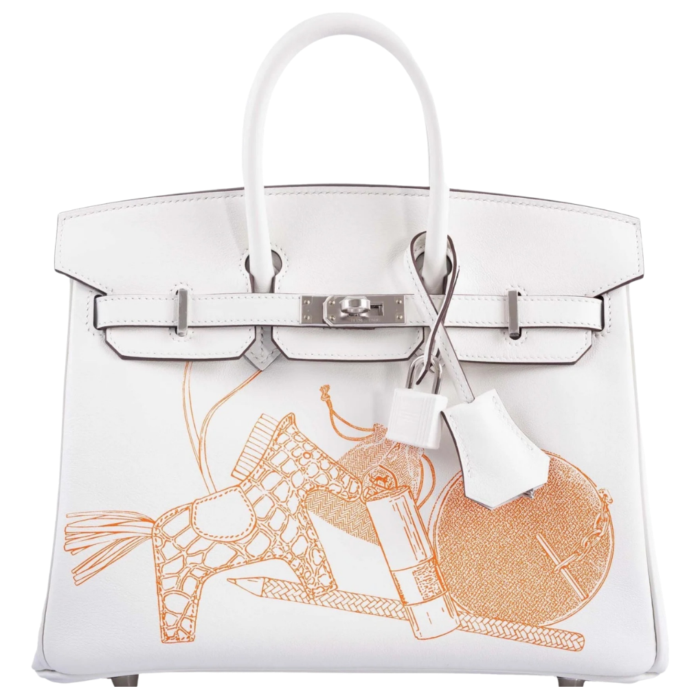 Hermes Birkin 25 In and Out Blanc Swift front view, showcasing the unique trompe-l'œil front pocket graphic and structured silhouette.