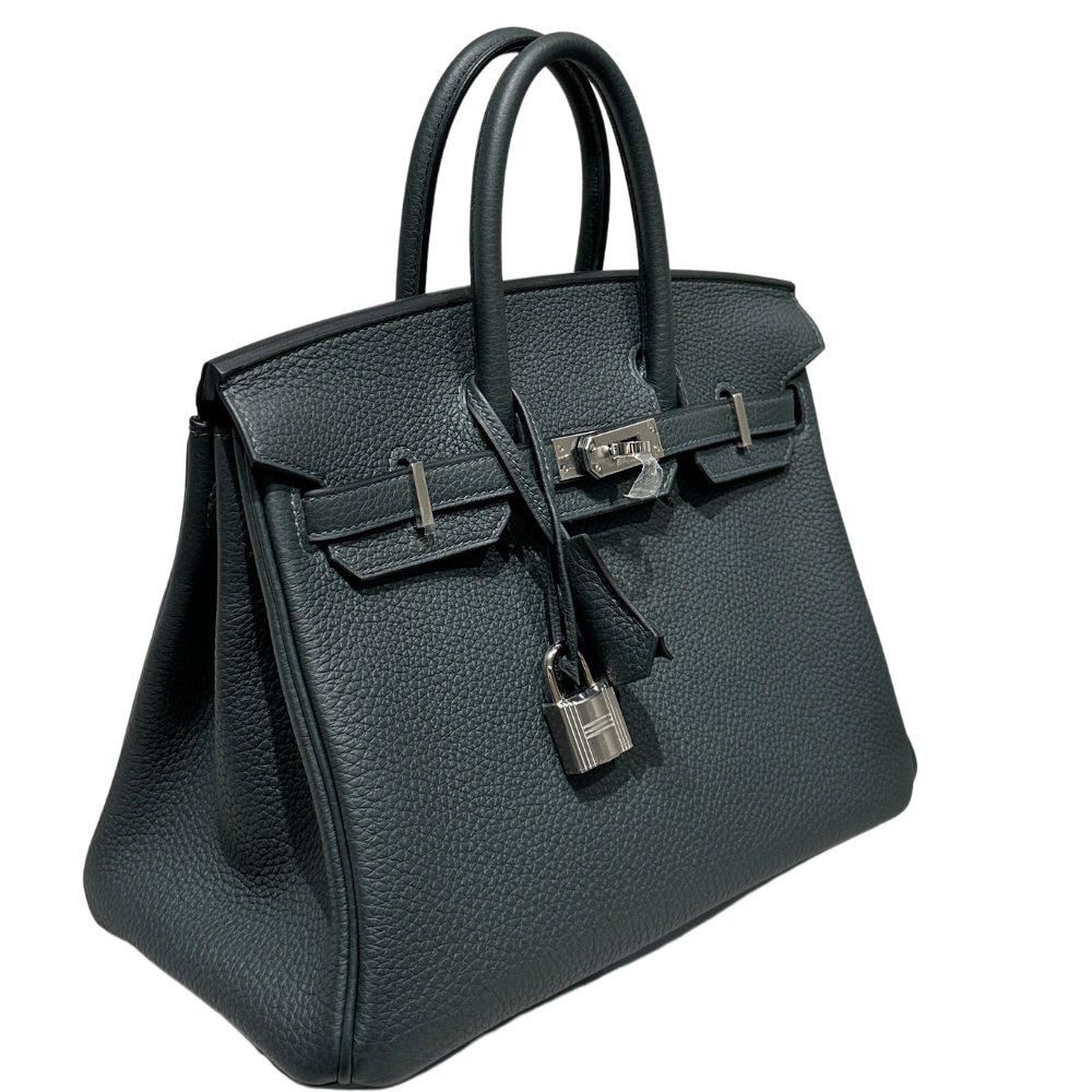 Hermès Birkin 25 Vert Foncé Togo leather, left side profile view showing leather grain