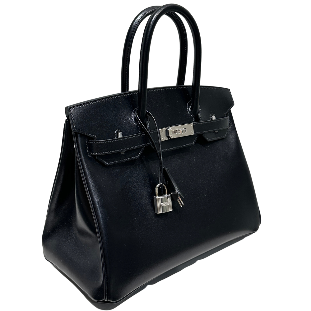 Hermès Birkin 30 Black Box leather silver hardware, left side profile view showing leather grain