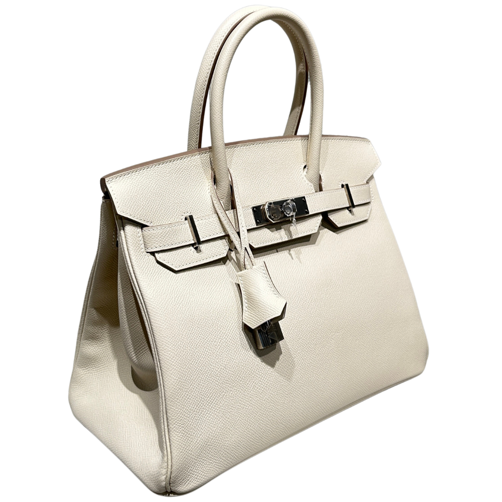 Hermès Birkin 30 Craie Epsom leather silver hardware, left side profile view showing leather grain