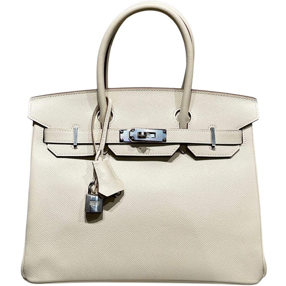 Hermès Birkin 30 Craie Epsom leather silver hardware, front view showing straps and clasp