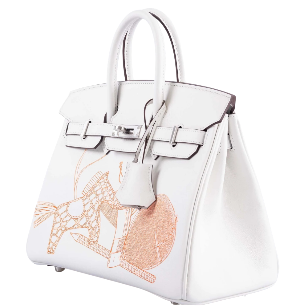 Hermes Birkin 25 In and Out Blanc Swift left side profile, displaying the signature gusset and precise proportions.