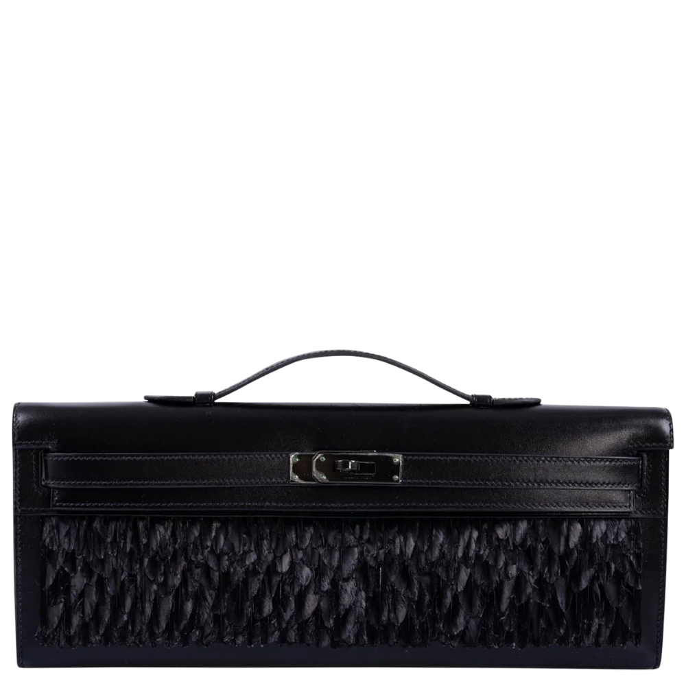 Kelly Cut Black Calf Box Leather Feathers