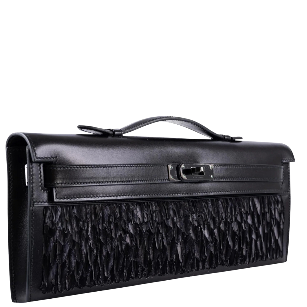 Kelly Cut Black Calf Box Leather Feathers