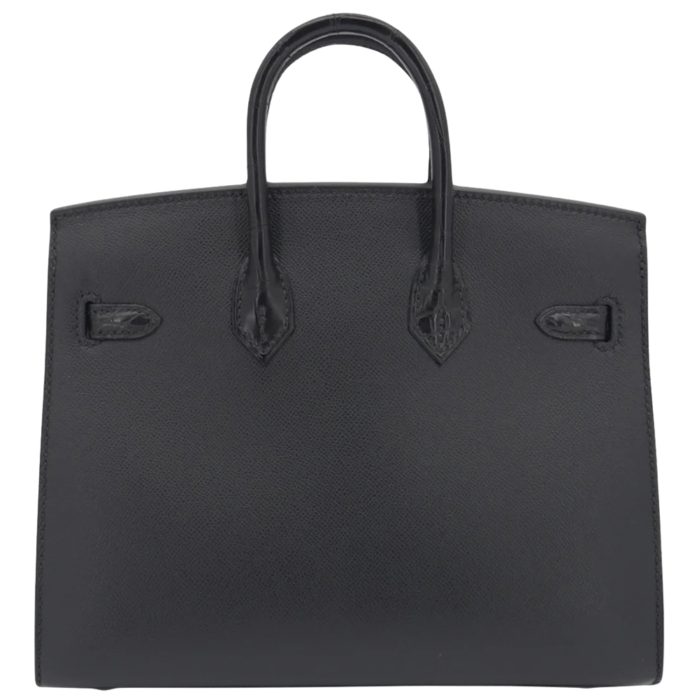 Hermes Birkin 20 Faubourg Midnight black hardware back view, highlighting the structured Sellier lines, deep black leather finish, and clean architectural proportions.