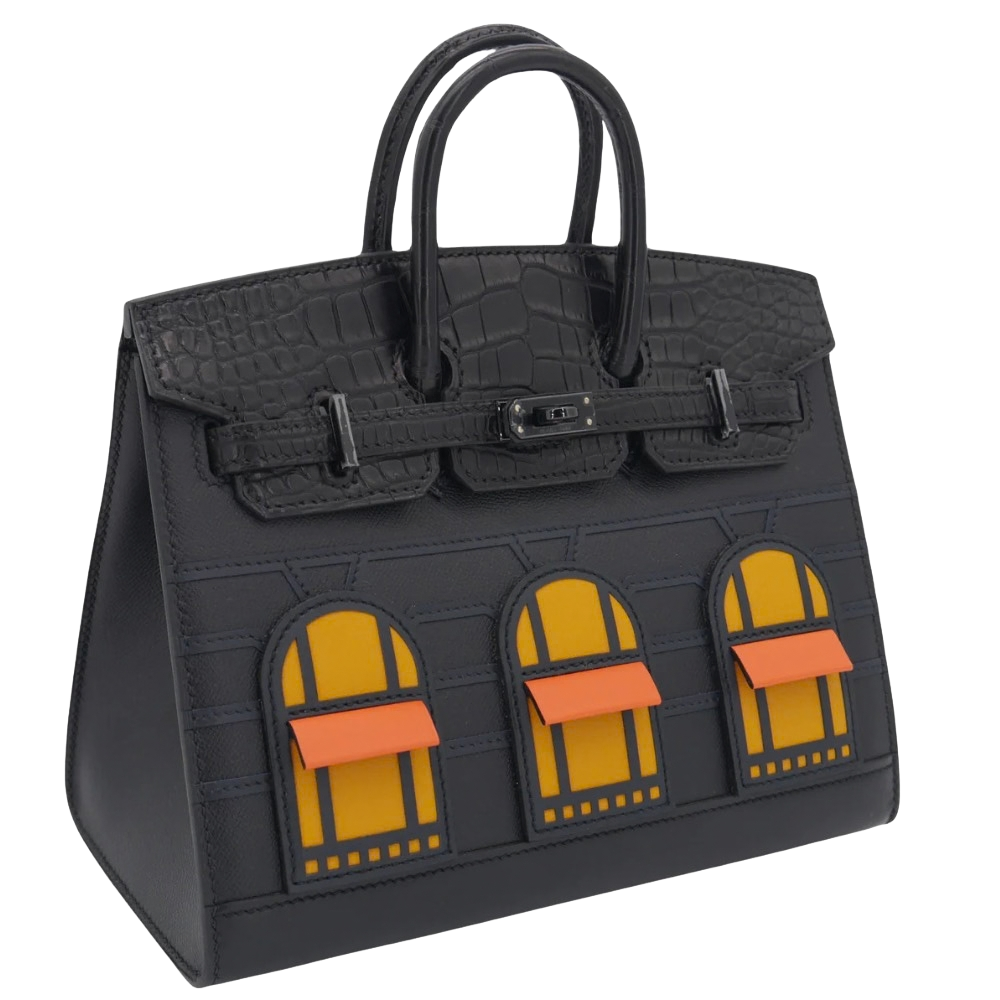 Hermes Birkin 20 Faubourg Midnight black hardware left side profile, displaying the precise tonal black paneling and structured gusset construction.
