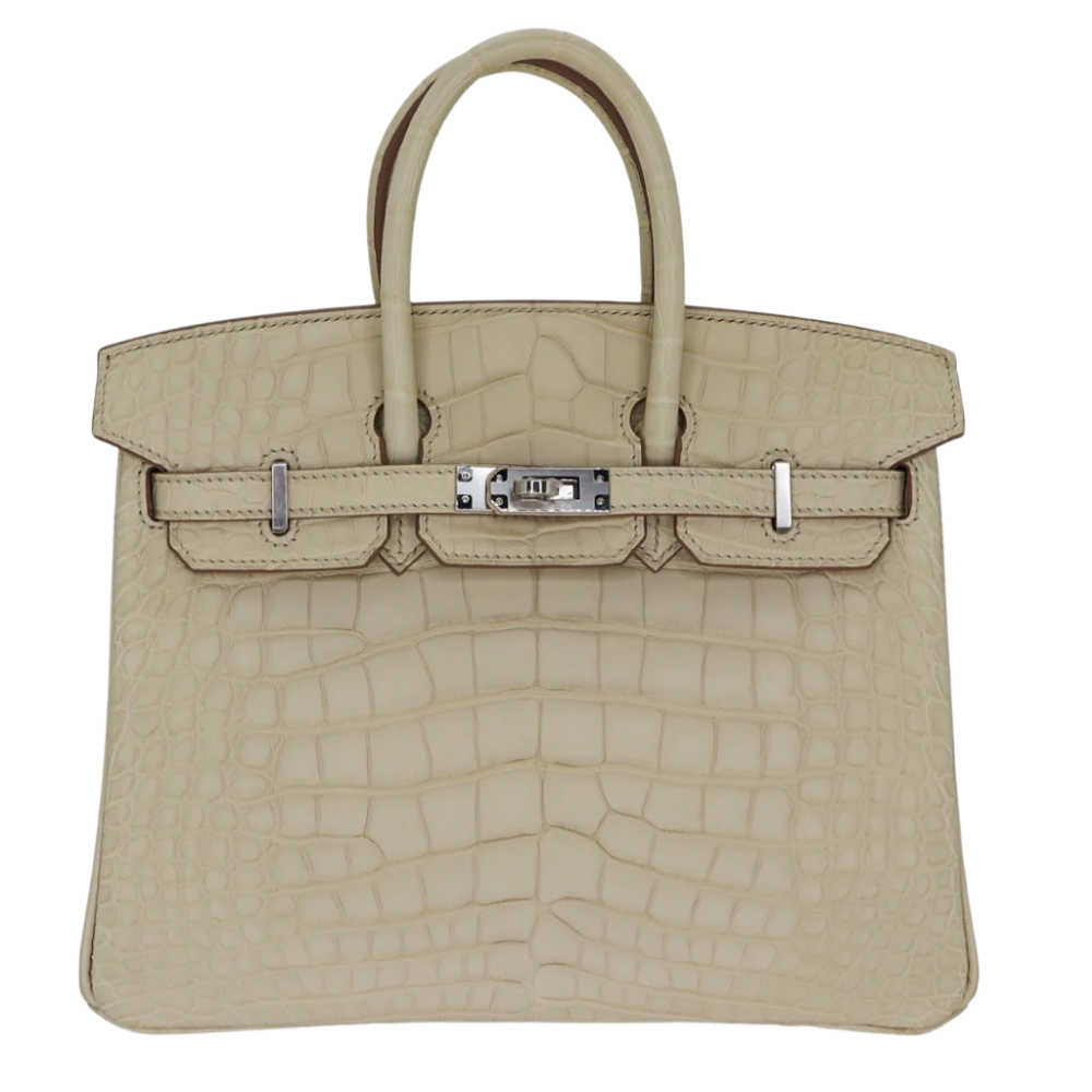 Hermes Birkin 25 Beton Matte Alligator front view, showcasing the mini structured silhouette, off-white matte alligator scales, dual top handles, and silver turn-lock hardware.