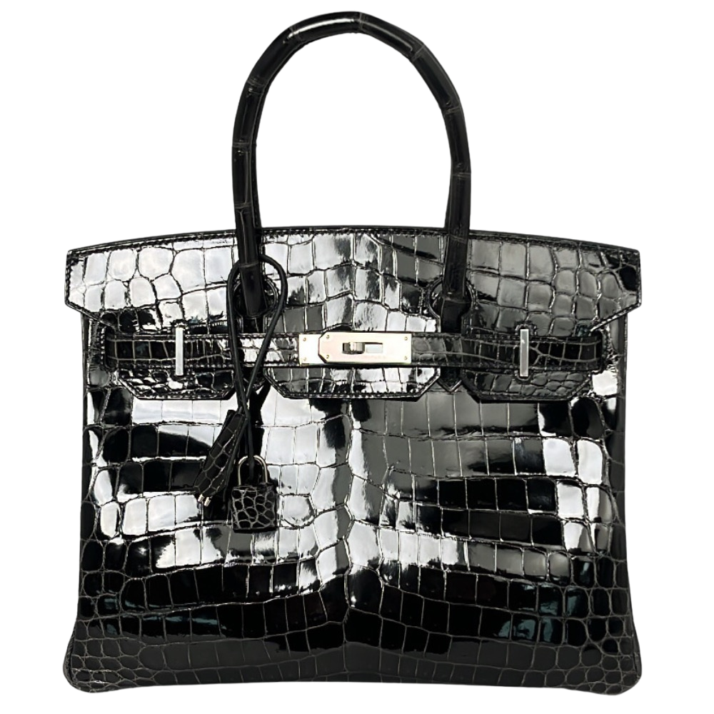 Hermes Birkin 25 Black Shiny Niloticus Crocodile front view, showcasing the mini structured silhouette, high-gloss black exotic scale pattern, dual top handles, and silver turn-lock hardware.