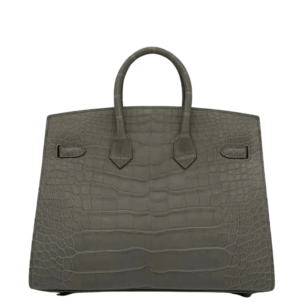 Hermes Birkin 25 Gris Perle Matte Alligator back view, highlighting the clean proportions, velvety matte exotic finish, and protective base feet.