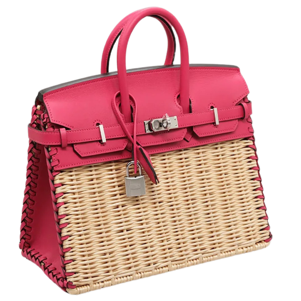 Hermes Birkin 25 Picnic Framboise left side profile, displaying the structured side gussets and contrasting pink Swift leather straps.