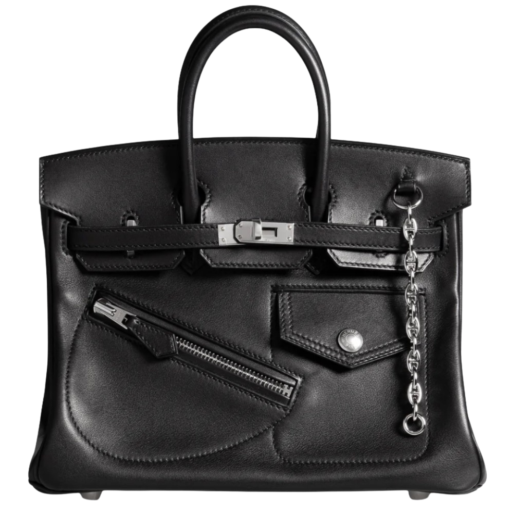 Hermes Birkin 25 Rock Black Evercalf front view, showcasing the edgy rock-inspired silhouette, functional exterior zip pocket, key-lip pocket, dual handles, and silver hardware.