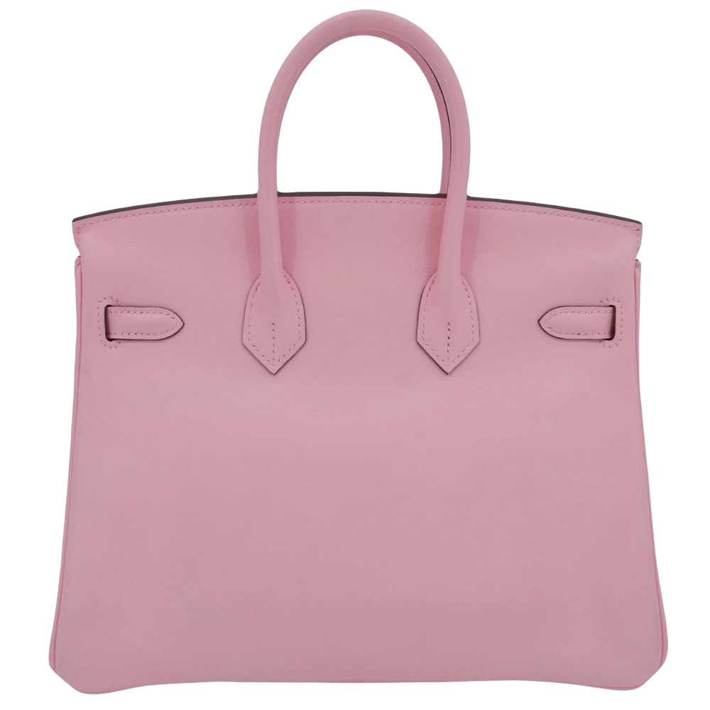 Hermes Birkin 25 Rose Sakura Swift back view, highlighting the clean architectural lines and supple fine-grained leather craftsmanship.