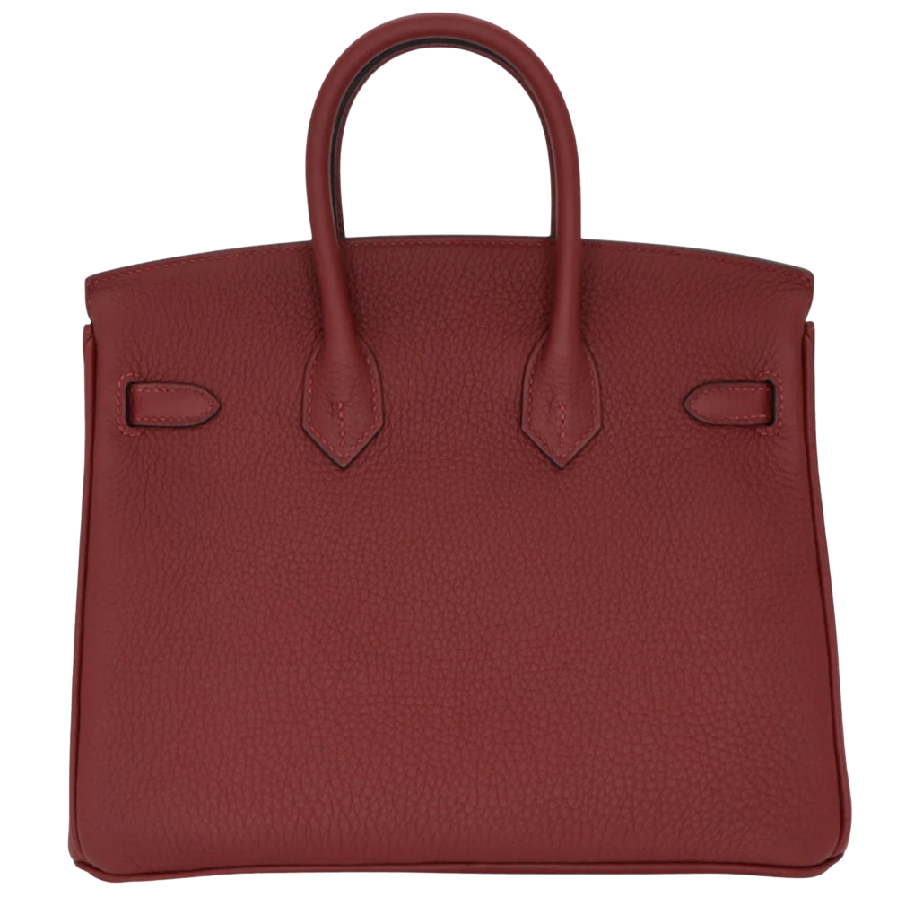 Hermes Birkin 25 Rouge H Togo back view, highlighting the clean proportions, natural grained leather finish, and protective metal feet.
