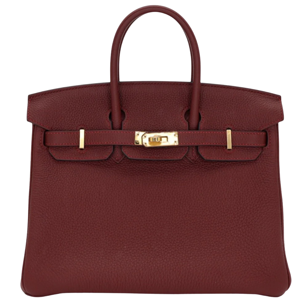 Hermes Birkin 25 Rouge H Togo front view, showcasing the mini structured silhouette, rich deep red leather, dual top handles, and gold turn-lock hardware.
