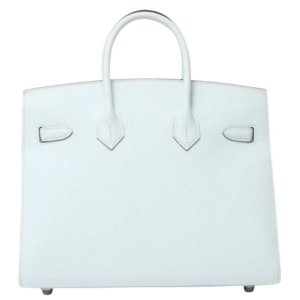 Hermes Birkin 25 Sellier Bleu Brume Epsom back view, highlighting the clean geometric lines, fine rigid grain texture of Epsom leather, and protective metal feet.