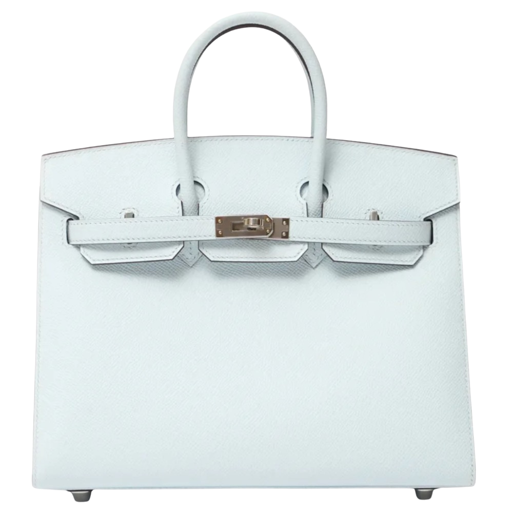 Hermes Birkin 25 Sellier Bleu Brume Epsom front view, showcasing the crisp structured Sellier stitching, soft pastel light blue tone, dual top handles, and silver turn-lock hardware.