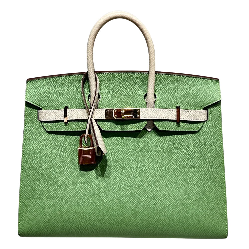 Hermes Birkin 25 Vert Criquet Epsom front view, showcasing the mini structured silhouette, fresh pastel green leather, dual top handles, and gold turn-lock hardware.