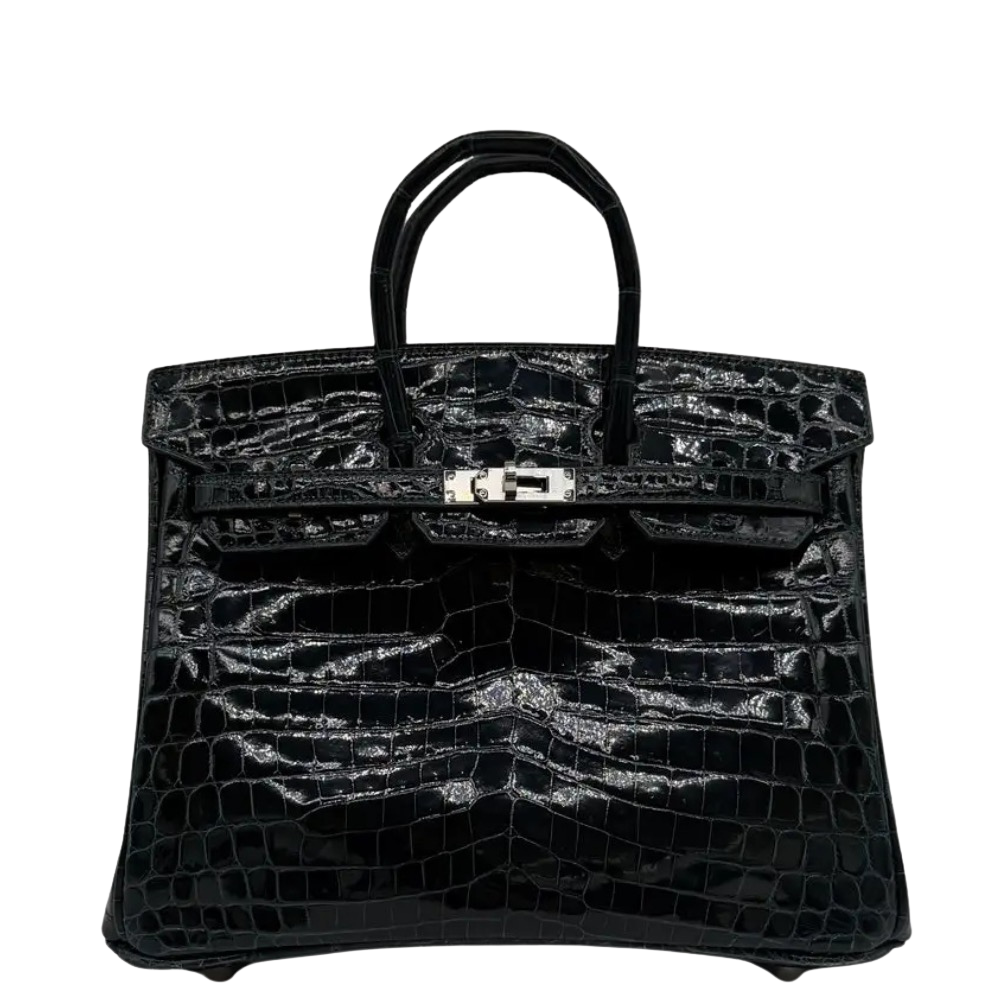 Hermes Birkin 25 Vert Cypress Shiny Niloticus Crocodile front view, showcasing the mini structured silhouette, deep dark green exotic scales, dual top handles, and silver turn-lock hardware.