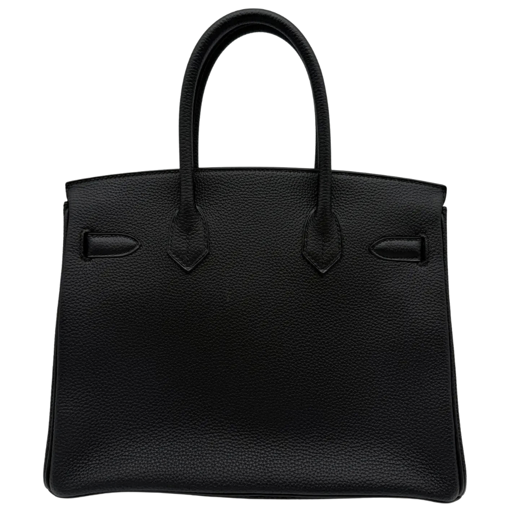Hermes Birkin 30 Black Togo back view, highlighting the flawless structural symmetry and durable grained leather craftsmanship.