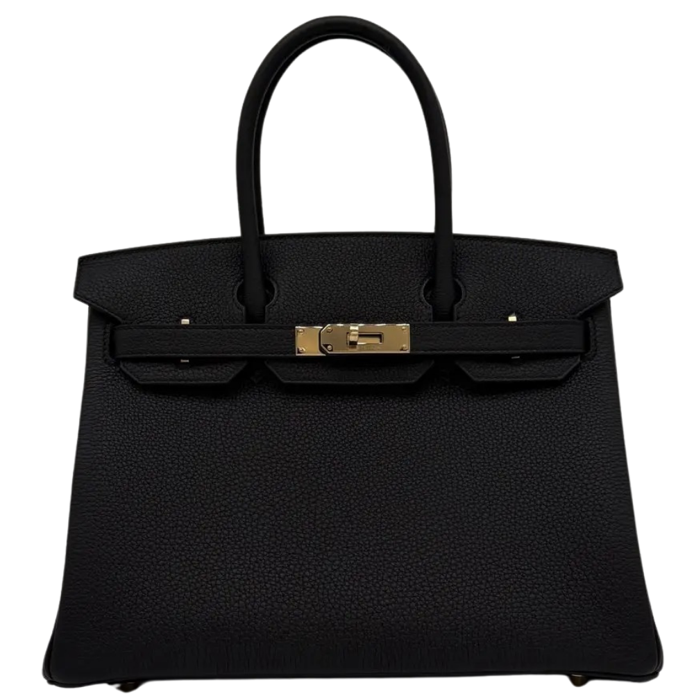 Hermes Birkin 30 Black Togo front view, showcasing the classic structured silhouette, pebbled leather texture, and permabrass turn-lock closure.