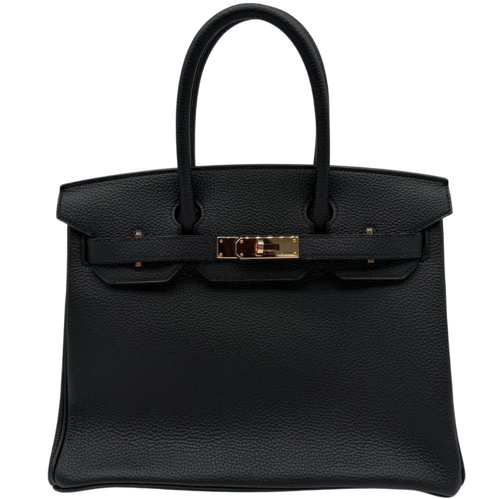 Hermes Birkin 30 Black Togo front view, showcasing the legendary structured silhouette, natural pebbled grain, and rose gold turn-lock closure.