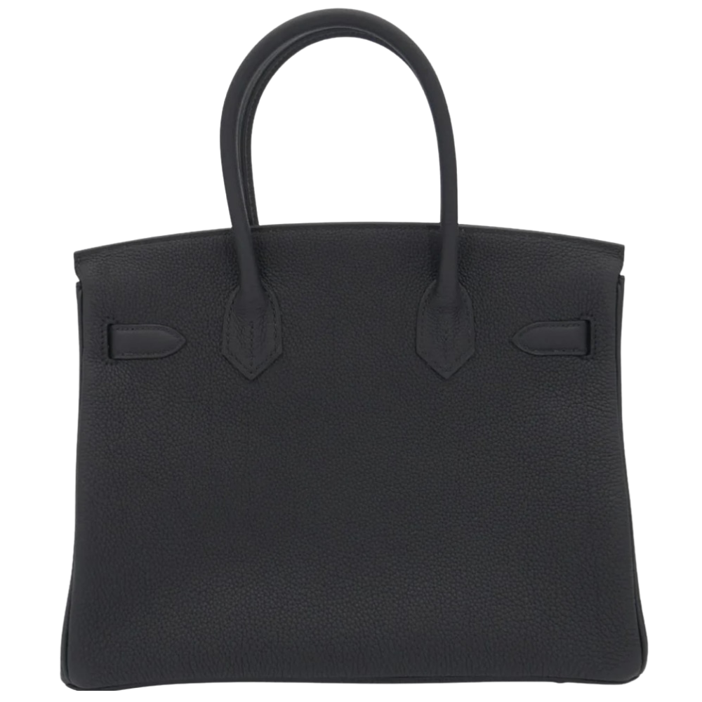 Hermes Birkin 30 Black Togo back view, highlighting the flawless symmetry, reinforced base stitching, and durable grained leather craftsmanship.