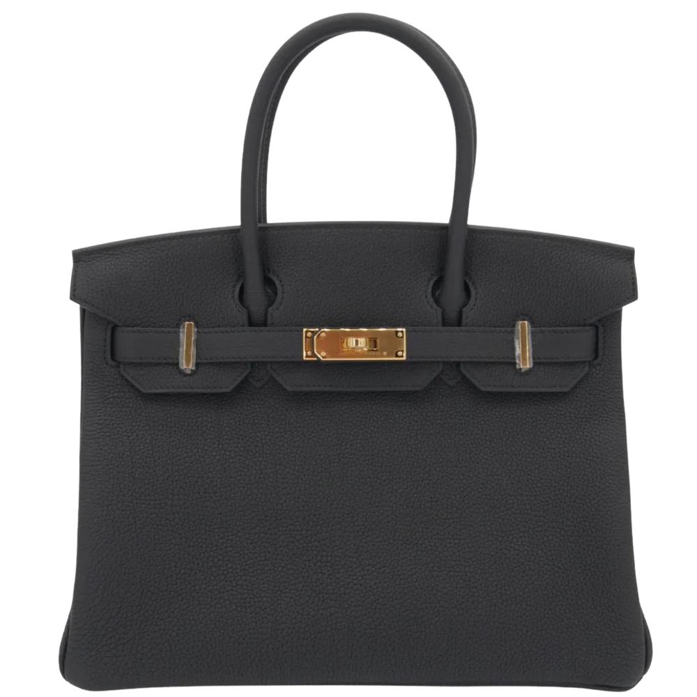 Hermes Birkin 30 Black Togo front view, showcasing the classic structured silhouette, rich grained leather texture, and gold turn-lock closure.