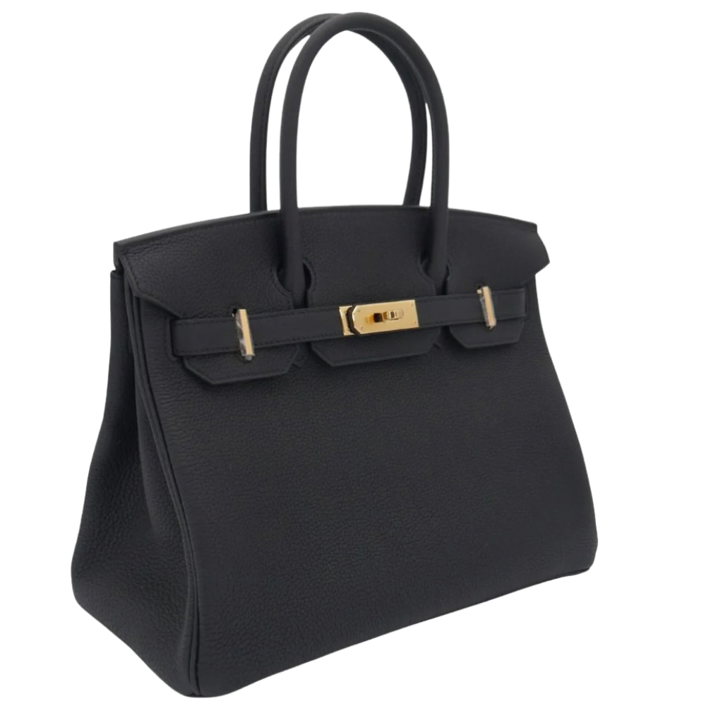 Hermes Birkin 30 Black Togo left side profile, displaying the structured side gusset and rolled leather top handle attachment.