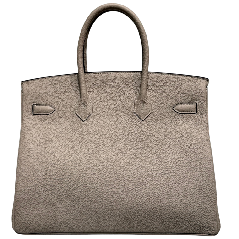 Hermes Birkin 35 Gris Tourterelle Togo back view, highlighting the clean structured silhouette, natural grained leather finish, and protective metal feet.