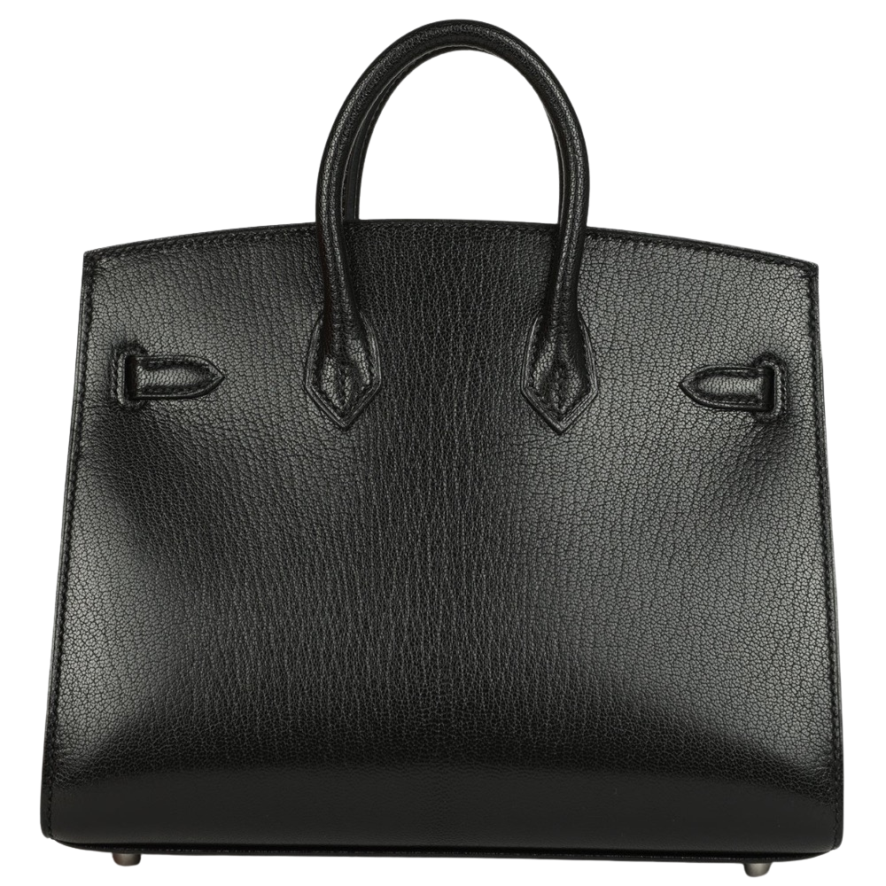 Hermes Birkin Disco 20 Black Chèvre back view, highlighting the clean micro proportions, subtle sheen of the goat skin leather, and protective metal feet.