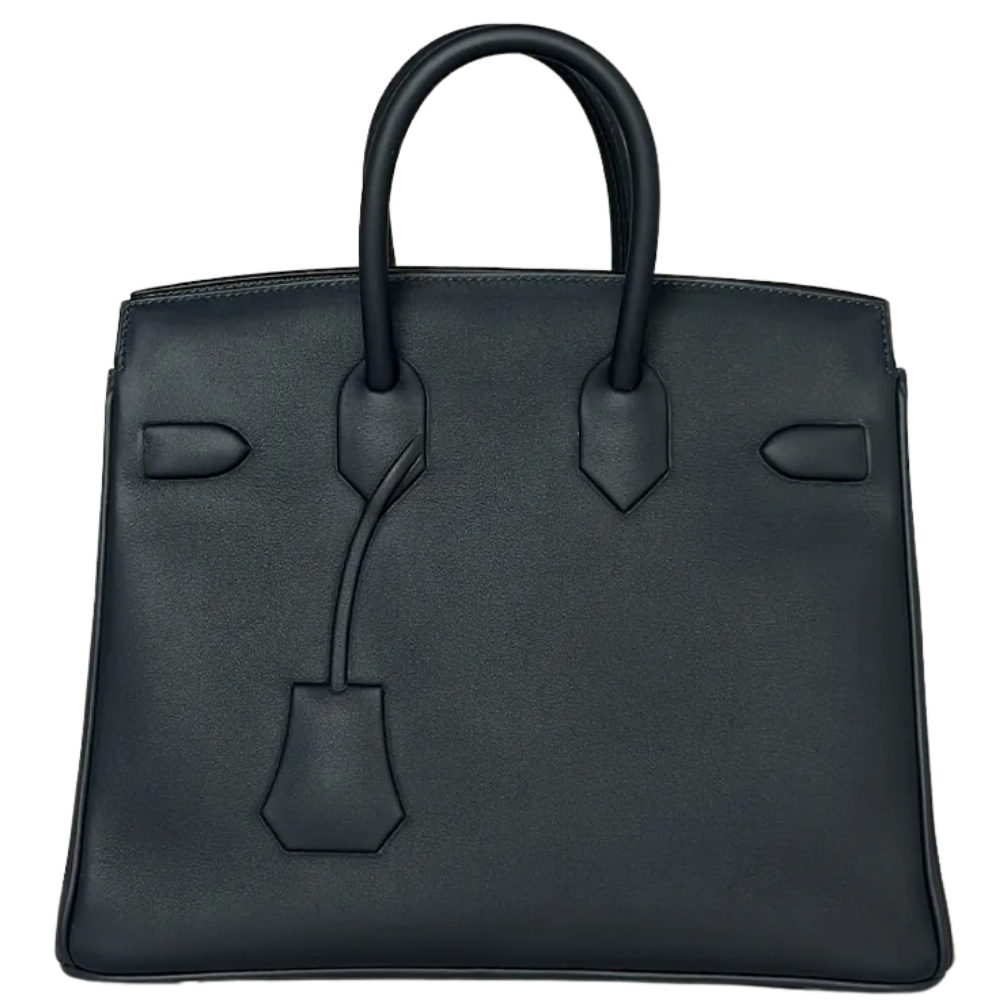 Hermes Birkin Shadow 25 Caban Swift back view, highlighting the seamless, smooth fine-grained navy leather and clean structural lines.