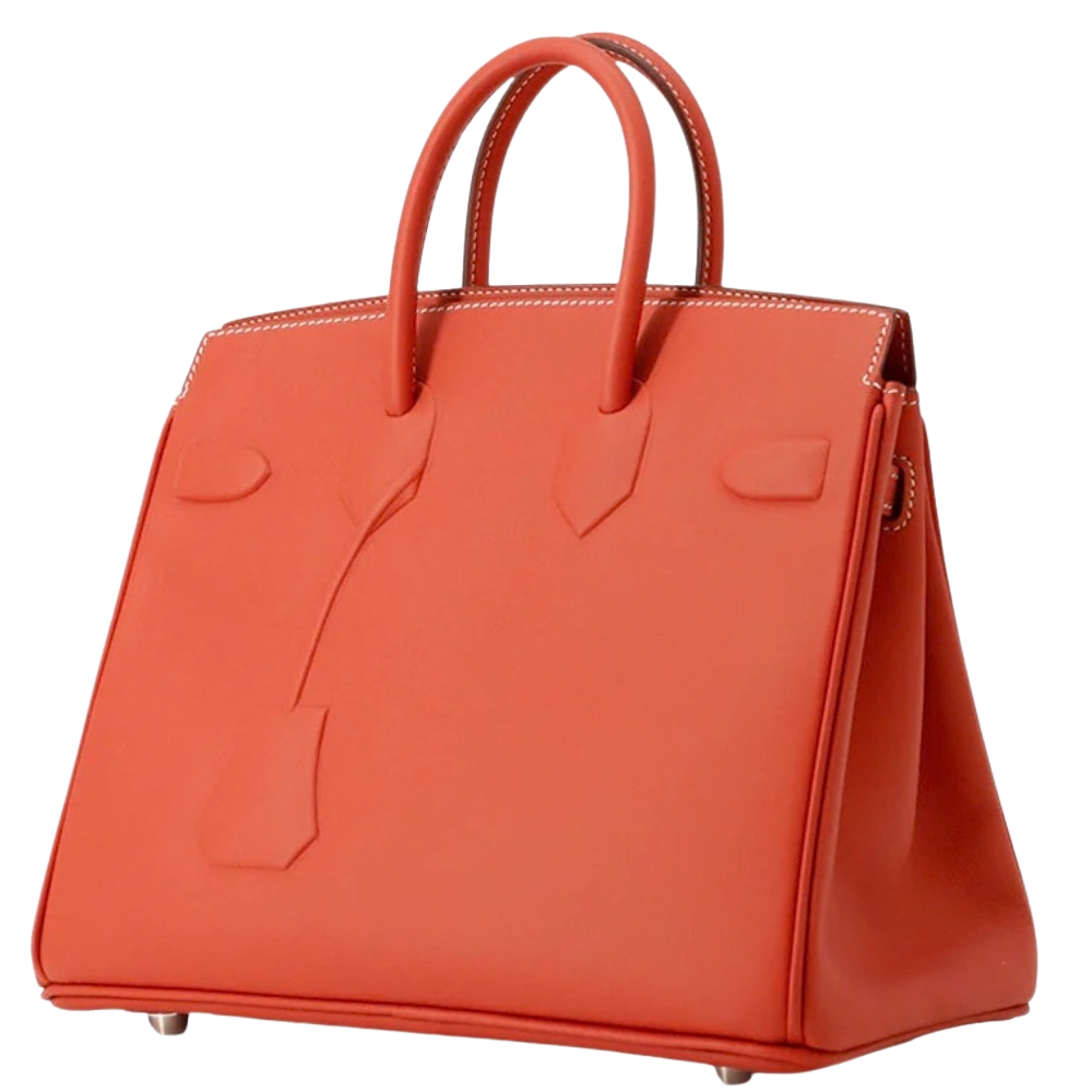 Hermes Birkin Shadow 25 Sanguine Swift back view, highlighting the seamless, smooth fine-grained bright red-orange leather and clean structural lines.