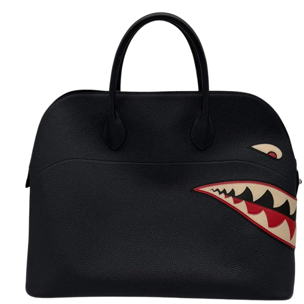Hermes Bolide Shark 45 Bleu Nuit Togo back view, highlighting the clean structural lines and durable pebbled leather craftsmanship.