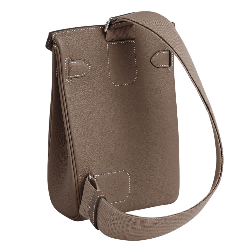 Hermes HAC à Dos PM Etoupe Togo back view, highlighting the clean structural lines, durable grained leather, and comfortable strap attachments.