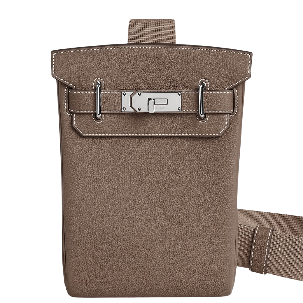 Hermes HAC à Dos PM Etoupe Togo front view, showcasing the iconic tall silhouette, front flap, and silver turn-lock closure.