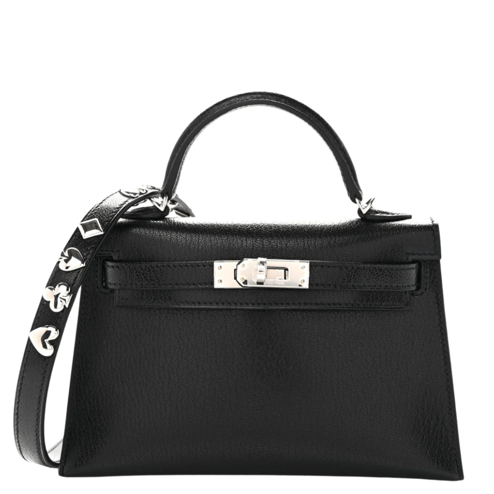         Hermes Kelly 20 Clou de Coeur Black Chèvre leather front detail view
