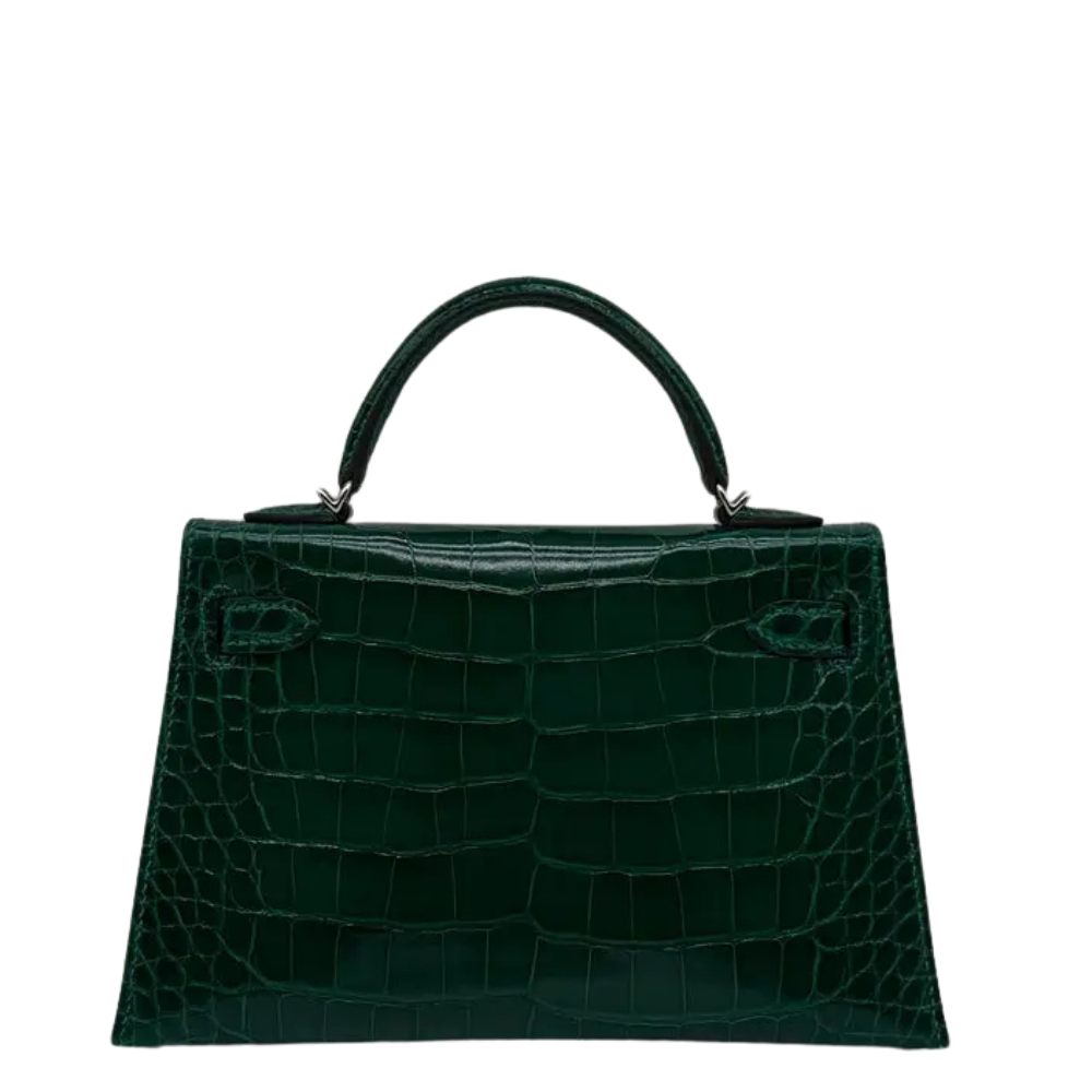 Hermes Kelly 20 Vert Emeraude shiny alligator back view