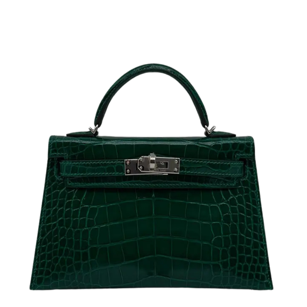 Hermes Kelly 20 Vert Emeraude shiny alligator front view