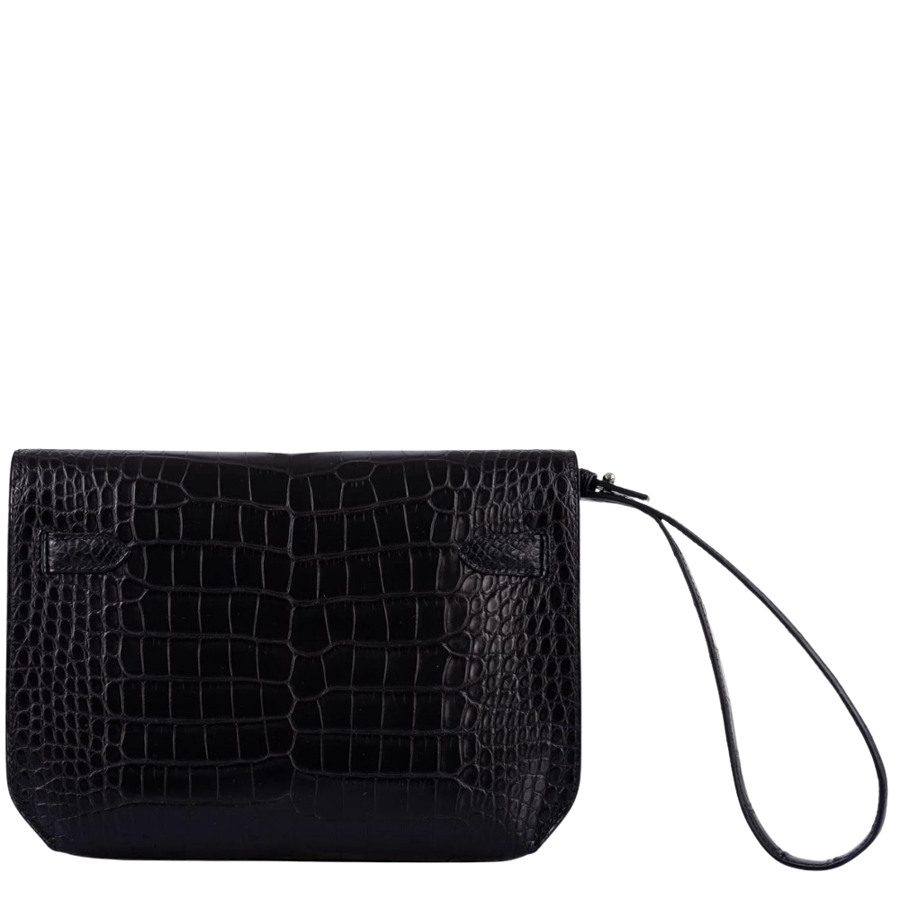 Hermes Kelly 25 Dépêche So Black back view, highlighting the clean minimalist lines, structured flat back panel, and refined box calfskin finish.
