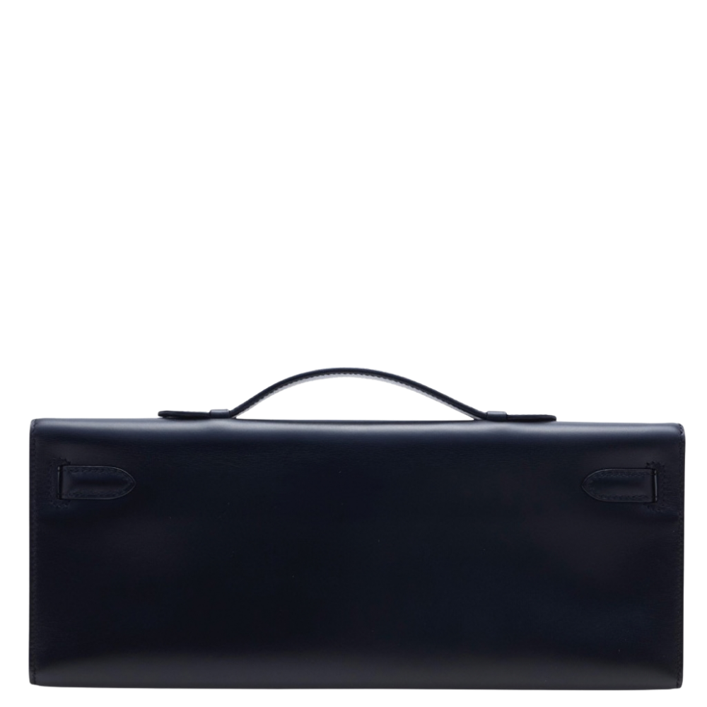 Hermes Kelly Cut Black Box Leather and Feathers back view, highlighting the glossy mirror-finish box calf and seamless exotic texturing.