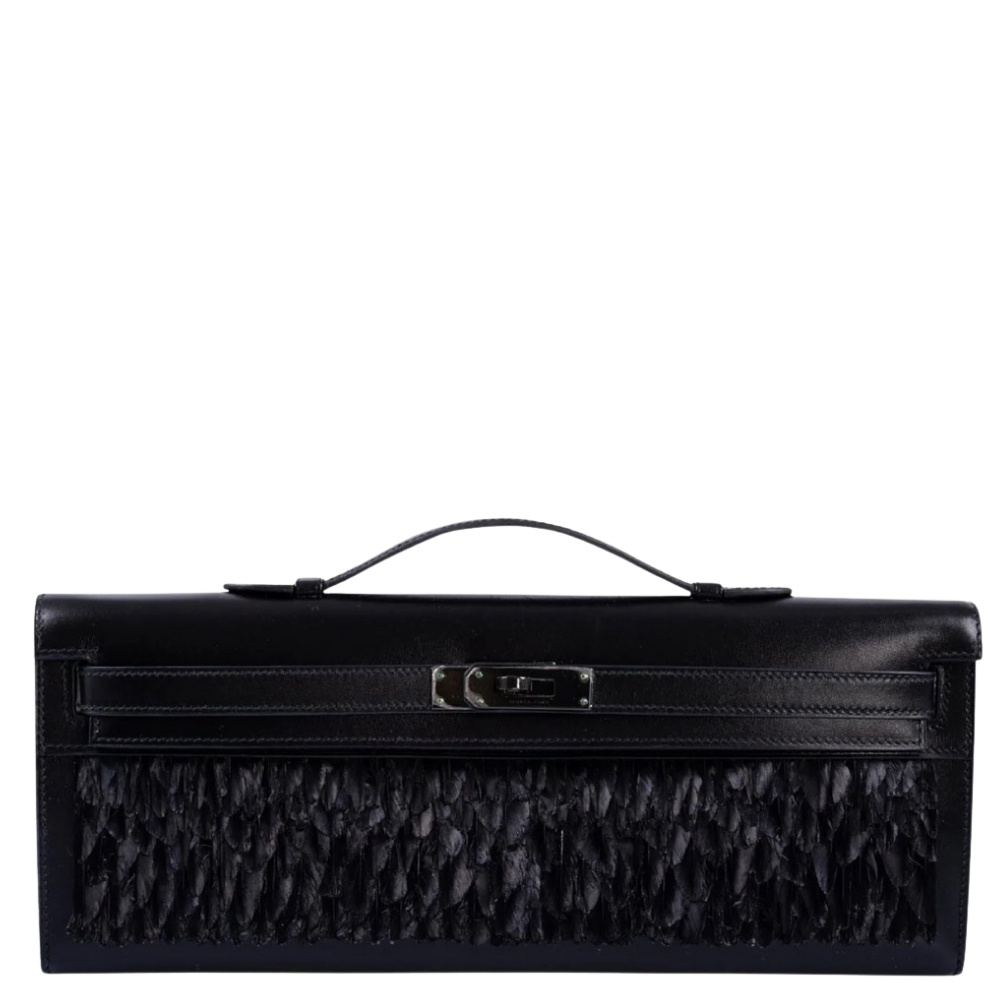 Hermes Kelly Cut Black Box Leather and Feathers front view, showcasing the sleek elongated silhouette, feather details, and monochromatic black hardware.