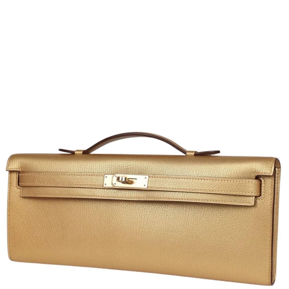 Hermes Kelly Cut Dore Chevre Chamkilight left side profile, displaying the slender structural gusset.
