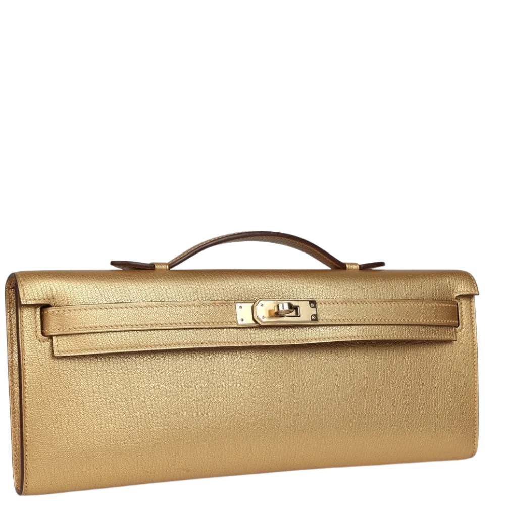 Hermes Kelly Cut Dore Chevre Chamkilight right side profile, featuring the refined permabrass hardware and flap details.