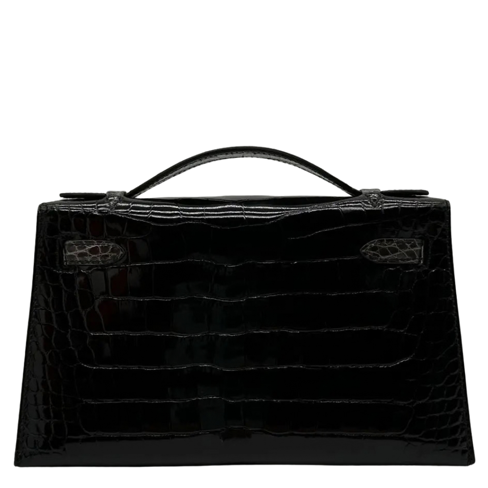 Hermes Kelly Pochette HSS Black and Graphite Shiny Alligator back view, highlighting the seamless exotic skin alignment and high-gloss finish.
