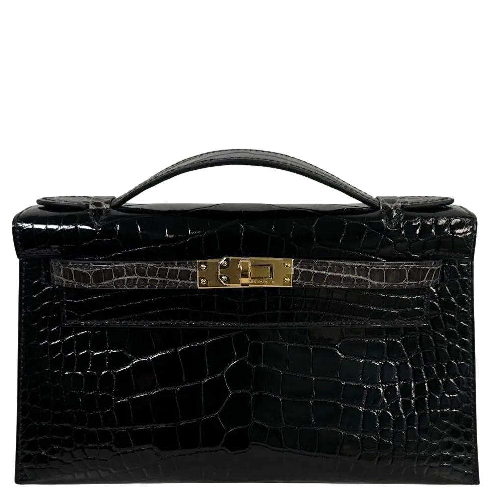 Hermes Kelly Pochette HSS Black and Graphite Shiny Alligator front view, showcasing the bi-color exotic skin layout, symmetrical square scales, and gold turn-lock closure.